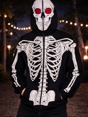 Skeleton Skull Zip Up Hoodie Black Graphic Y2K Grunge Halloween Men Large Creepy